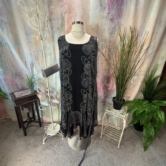 VTG 📌 Eva Blue Sleeveless 1920's Themed Beaded Asymmetrical Cocktail Dress - Picture 6 of 15